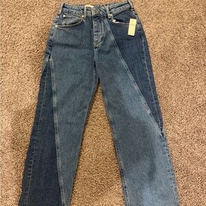 Pilcro Two-Tone Straight Leg Jeans in Dark and Light Blue